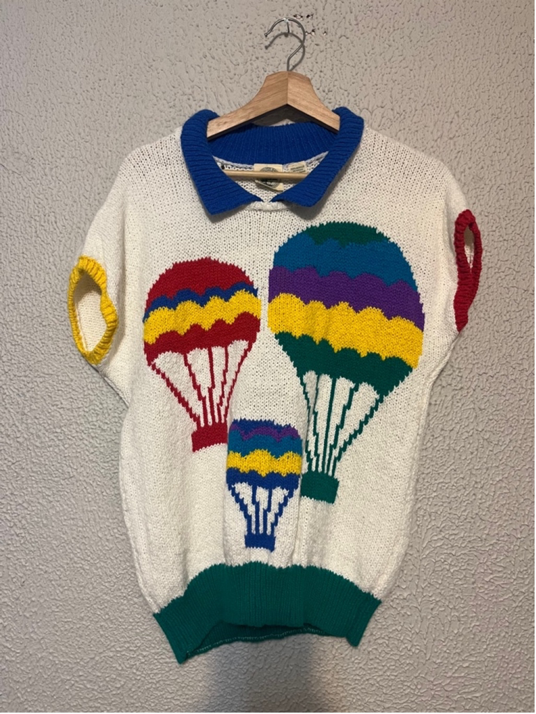 Vintage 80’s Knit Maximalist Hot Air Balloon Short Sleeve Sweater Size Large