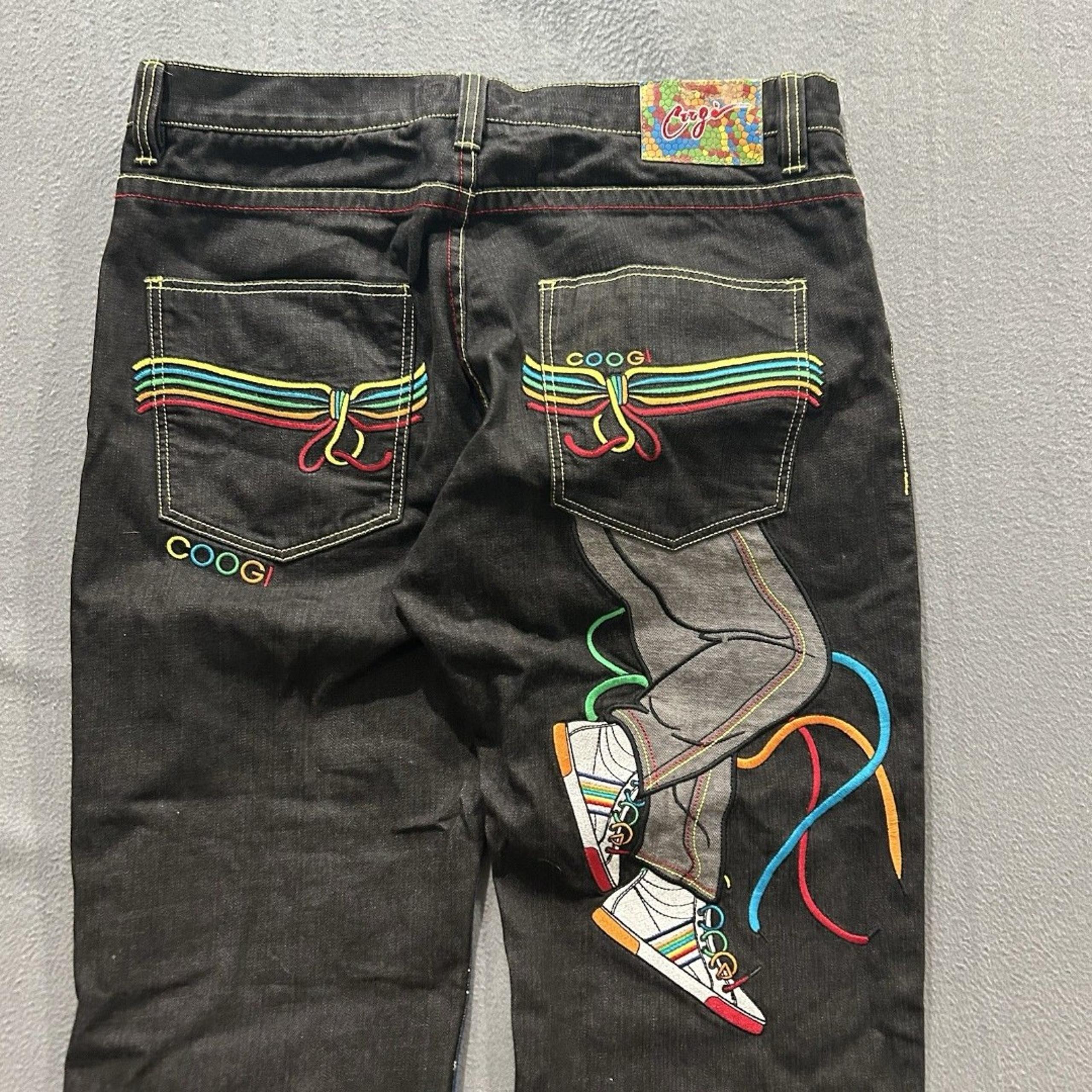 Vintage Coogi Jeans Mens 40x34 Black Embroidered Y2K Baggy Rap Colorful Sneakers