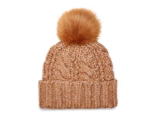 KNIT CABLE BEANIE FAUX FUR POM
