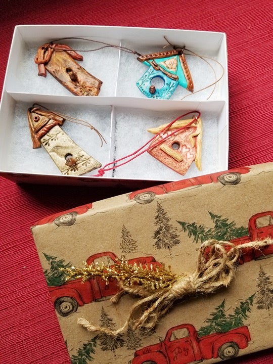 Gift Boxed Set of 4 Handmade Tiny Birdhouse Ornaments