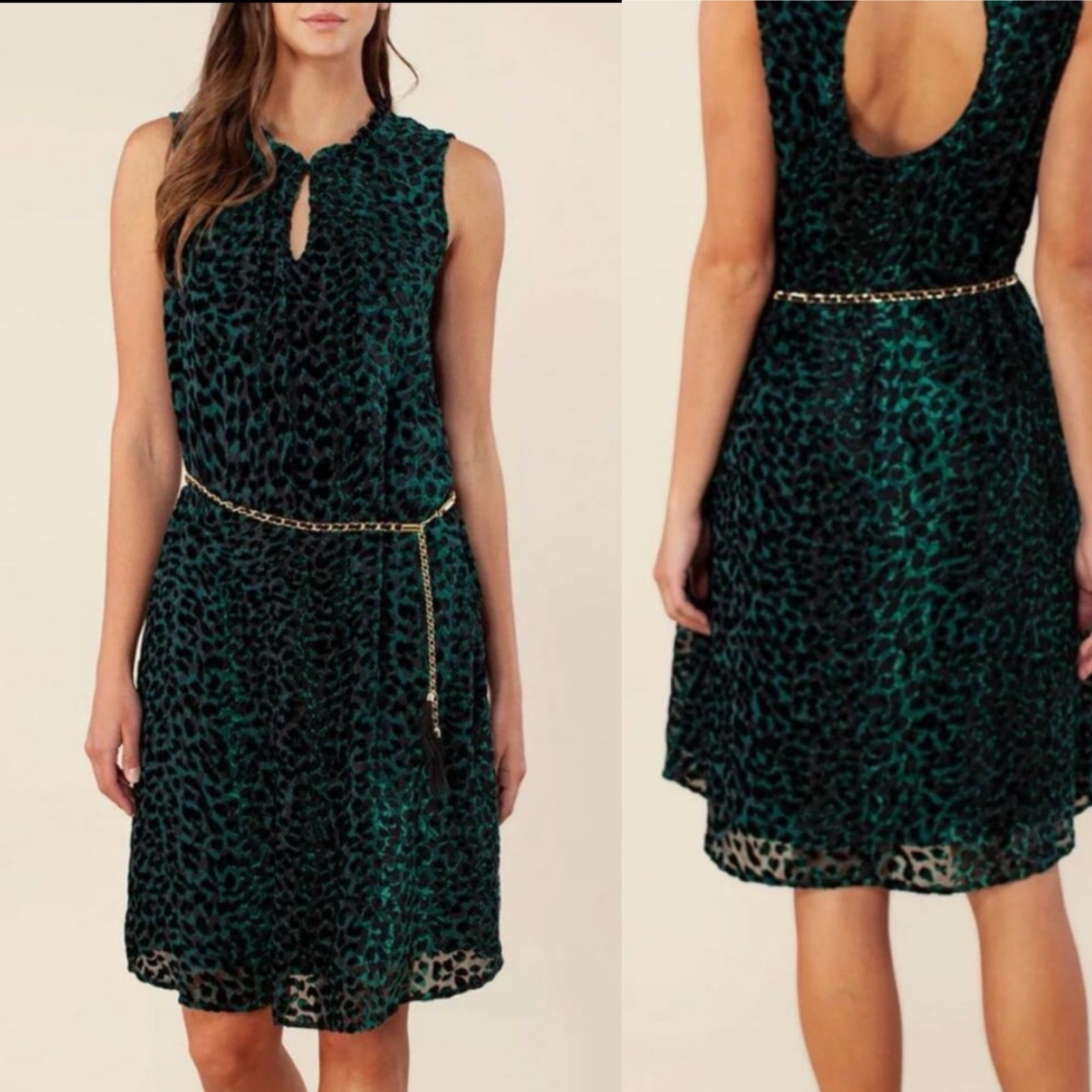 Hale Bob Isobel Green Silk Blend Velvet Burnout Sleeveless Dress Small
