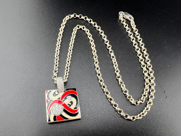 BELLE ETOILE STERLING SILVER 925 BLACK & RED ENAMEL SQUARE PENDANT NECKLACE 20