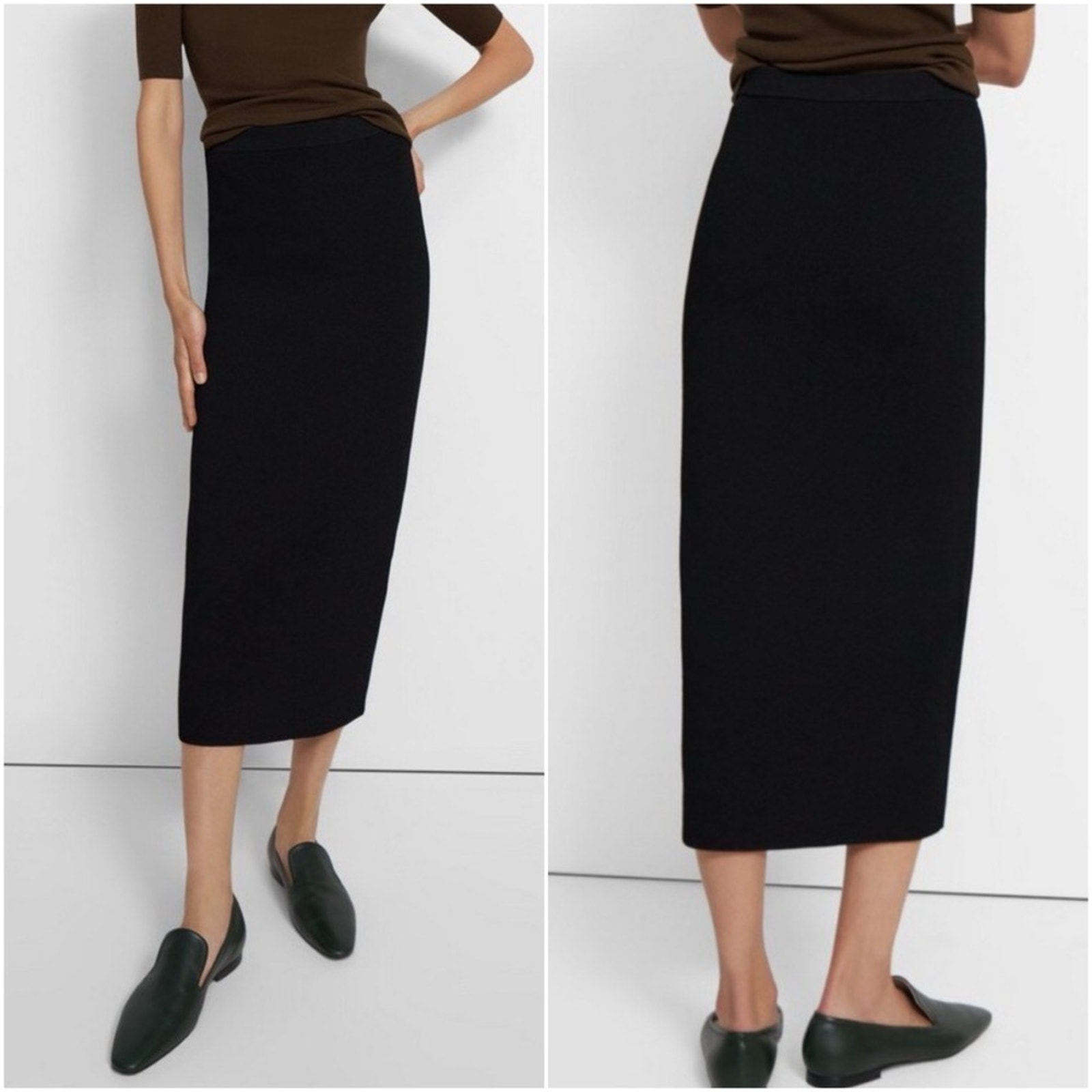 Theory Ribbed Pencil Skirt in Crepe Knit Large Black