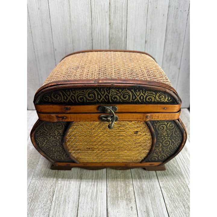 Vintage Trinket Treasure Chest Box Wood Wicker Rattan Boho Hinged Lid