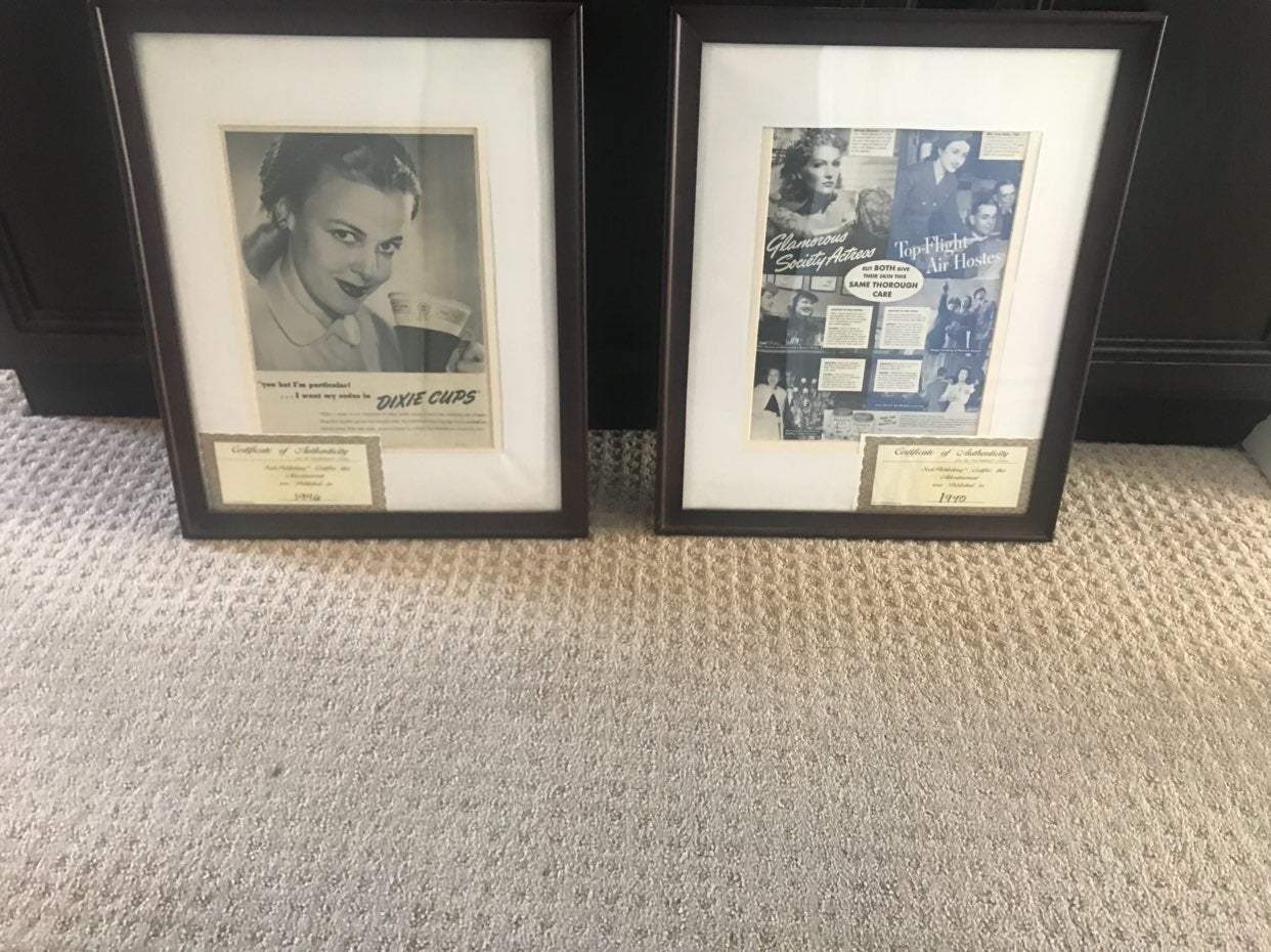 Two Framed 16 X 20 1940s REAL Ads