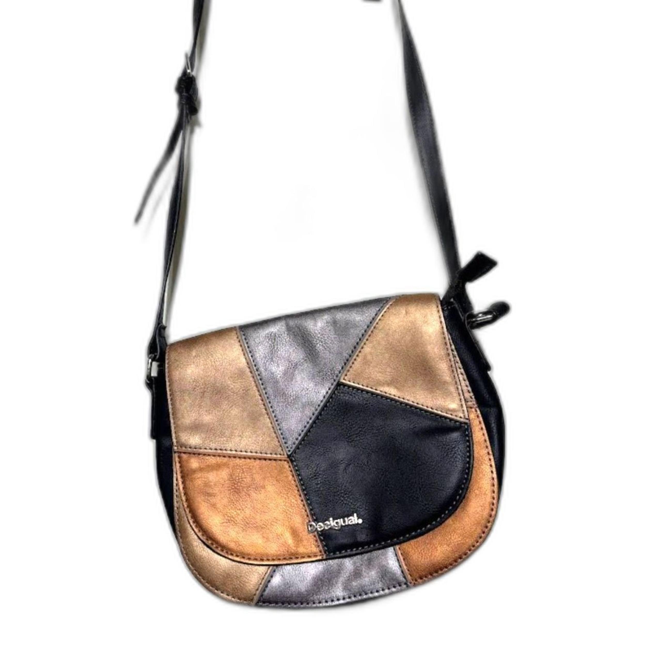 Desigual Purse Black Brown Metallic Patchwork Art To Wear Faux Leather Pebbled