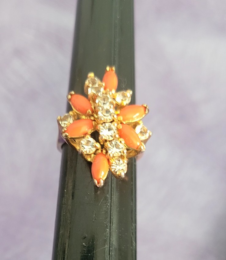 Signed SETA Gold Plated Coral & Simulated Diamond Cluster Ring 6