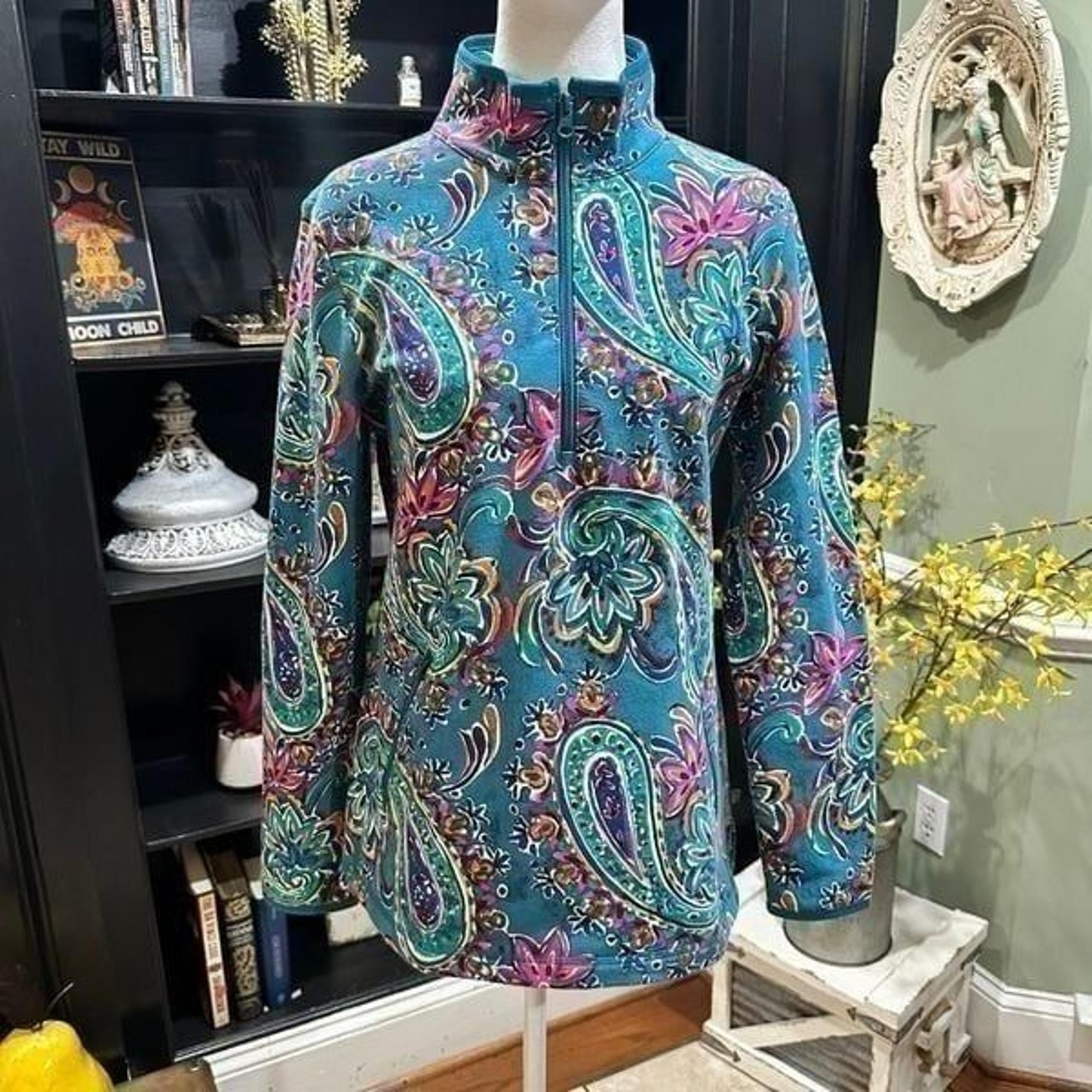 T For Talbots Dark Teal Paisley Quarter Zip Pullover Size Small