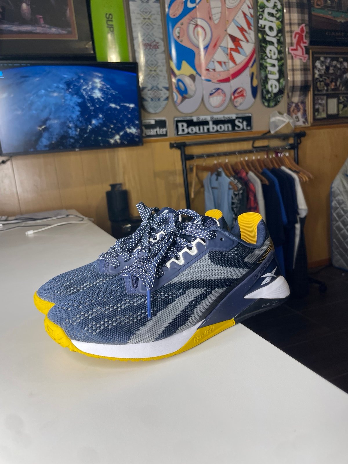 women's Reebok Nano X1 training shoes in the Vector Navy and Bright Ochre 7