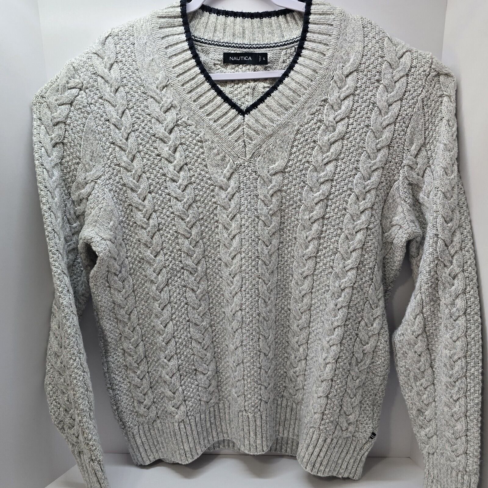 Nautica Mens Cable Knit Ivory Chunky V-Neck XL Sweater NWOT