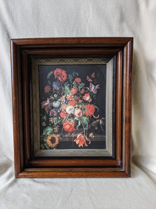 Vtg Framed Art Print Flowers & Monkey