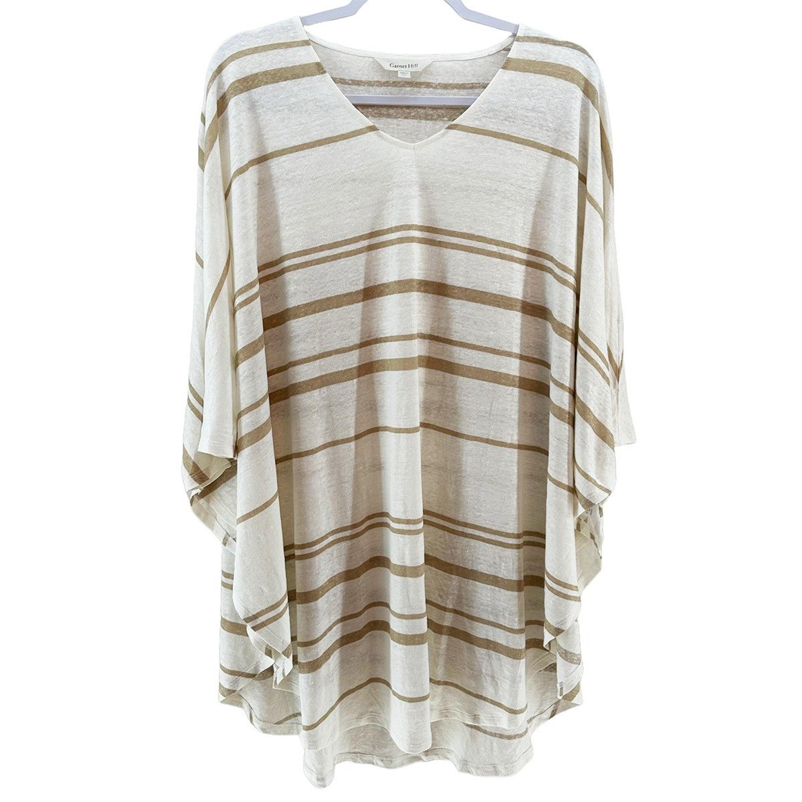 GARNET HILL 100% Organic Linen Swim Cover Up - Small - White with tan stripes