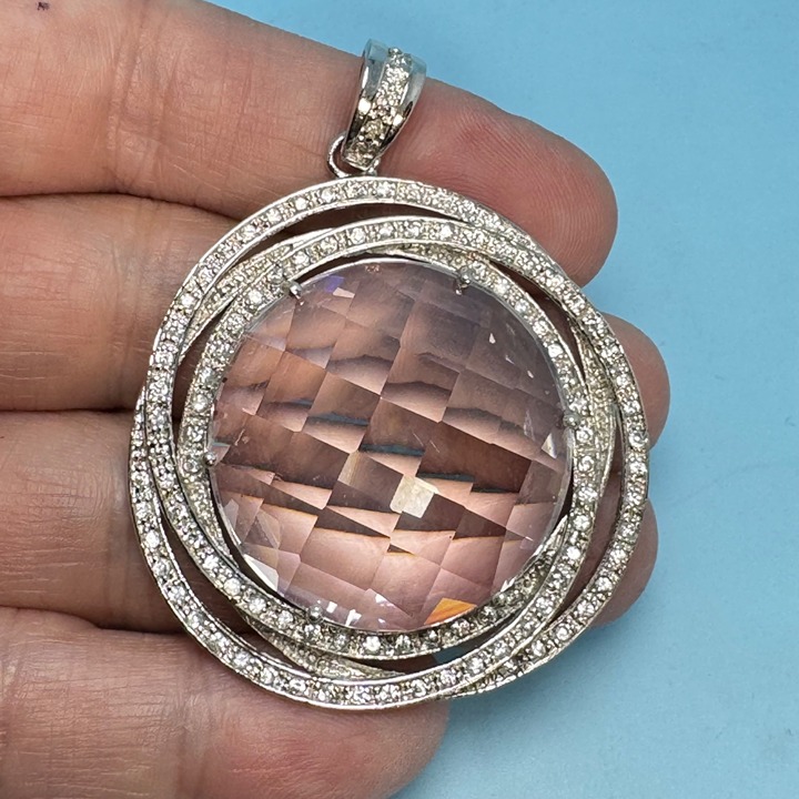 Sterling Silver Briolette Faceted Crystal Glass CZ Halo Large Statement Pendant