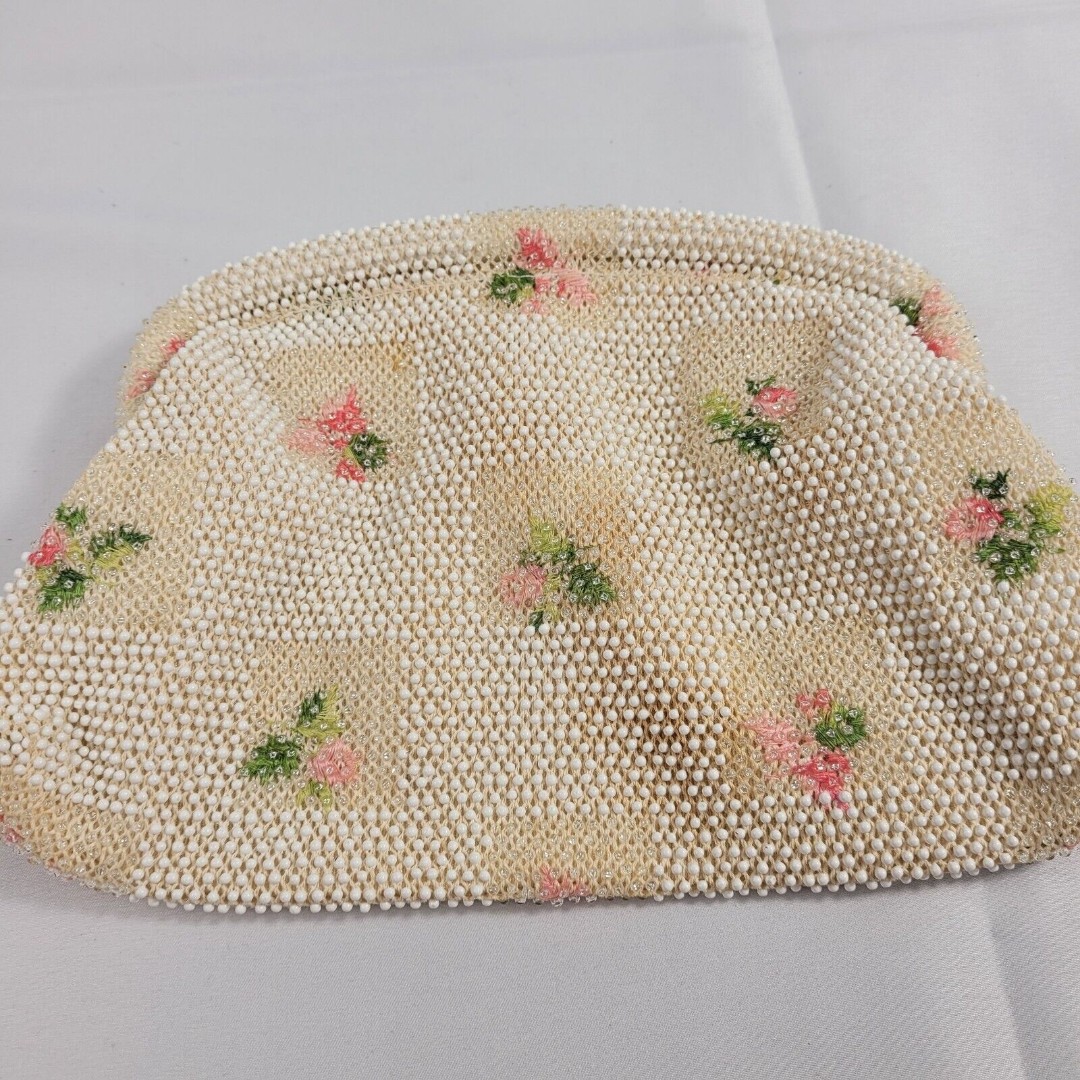 Vintage Beaded Clutch Handbag | White Floral Evening Bag