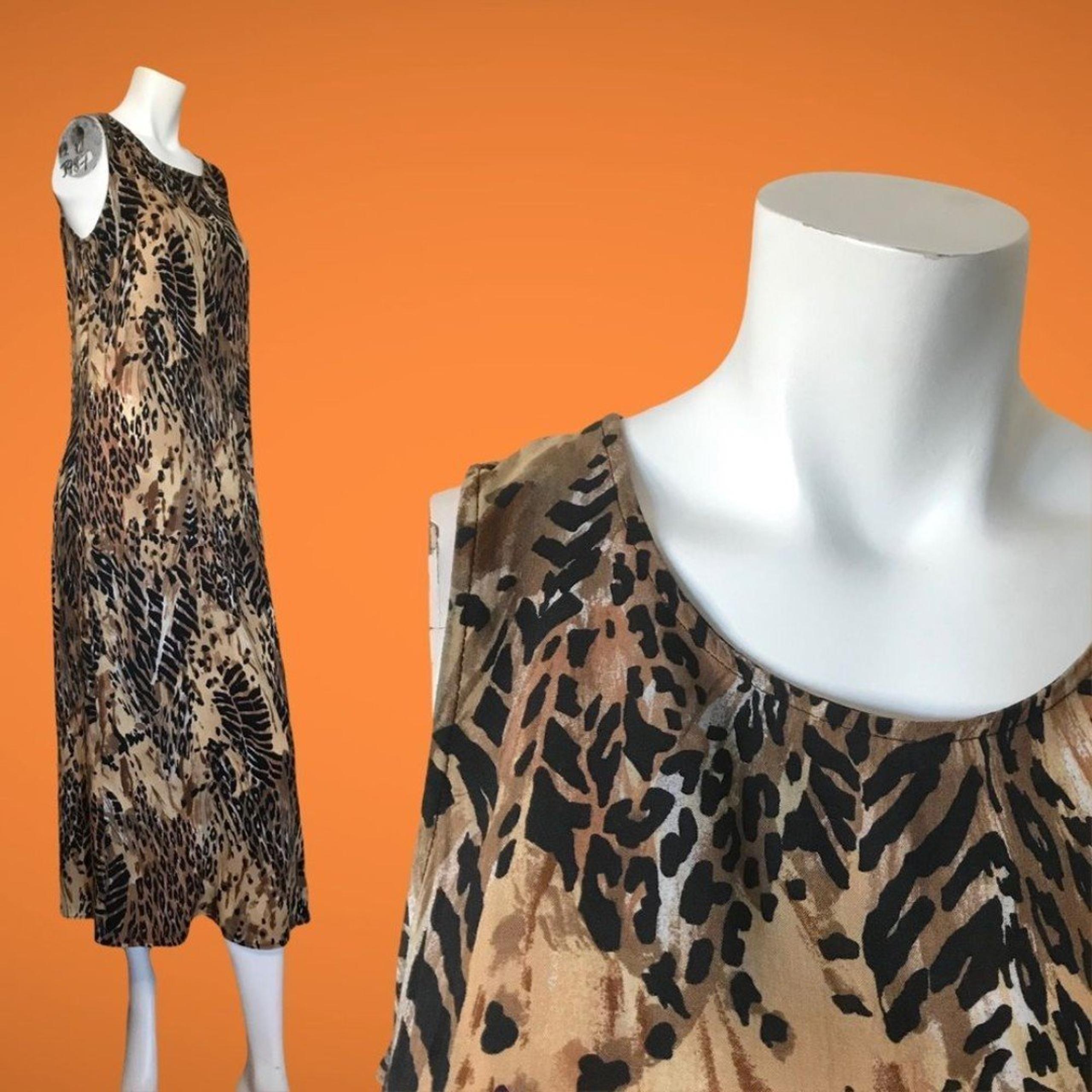 Vintage Dress Leopard Print Midi Sleeveless Brown Animal Scoop Neck Casual