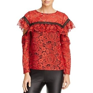 RED CARTER Sheffield Red Lace Top In Carmine Cold Shoulder Size XS