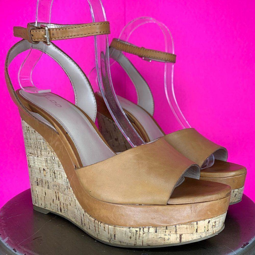 Aldo AdruwienTan Leather Cork Wedge Heel Ankle Strap Platform Sandal Sz 8.5