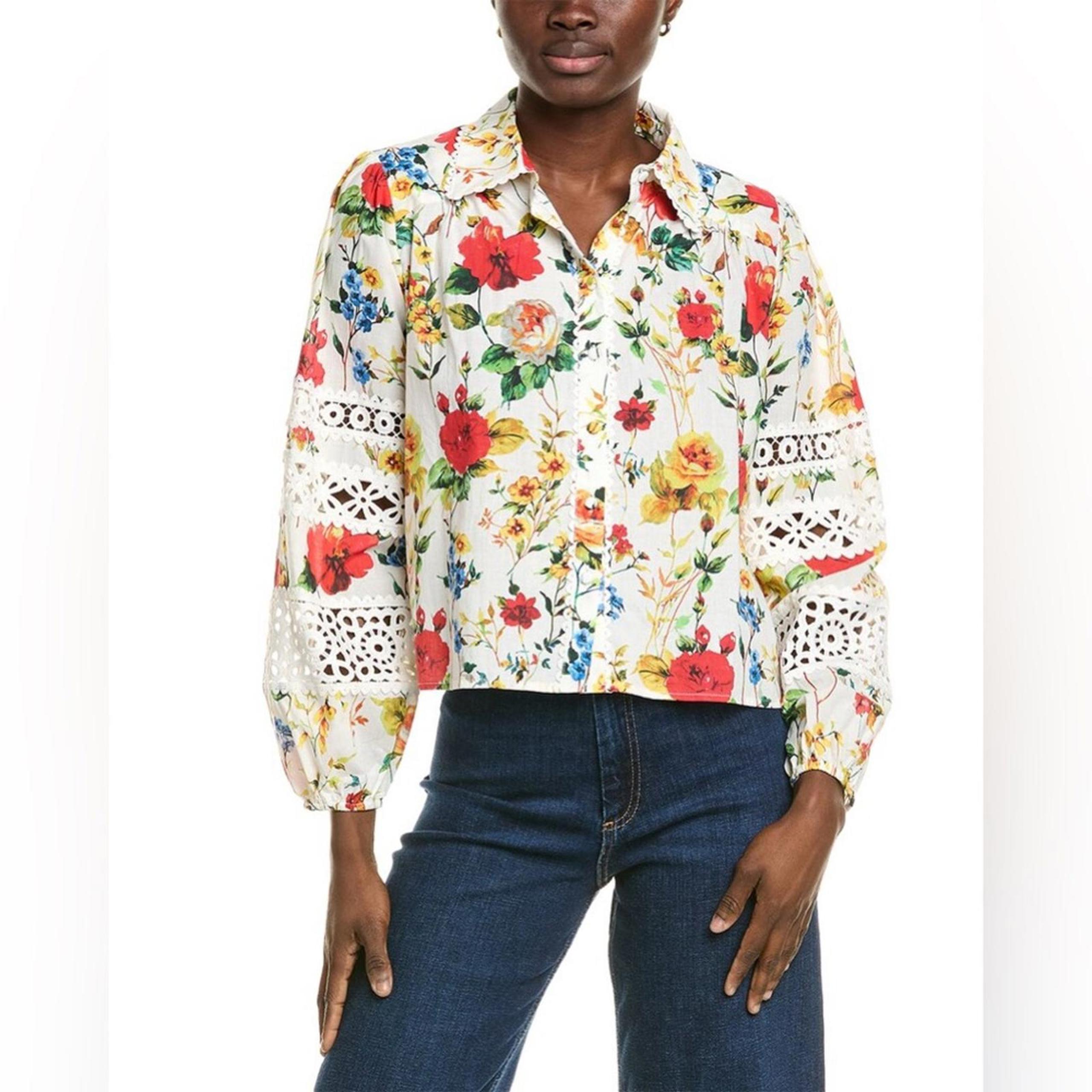 Elie Tahari White and Red Long Sleeve Floral Blouse XS