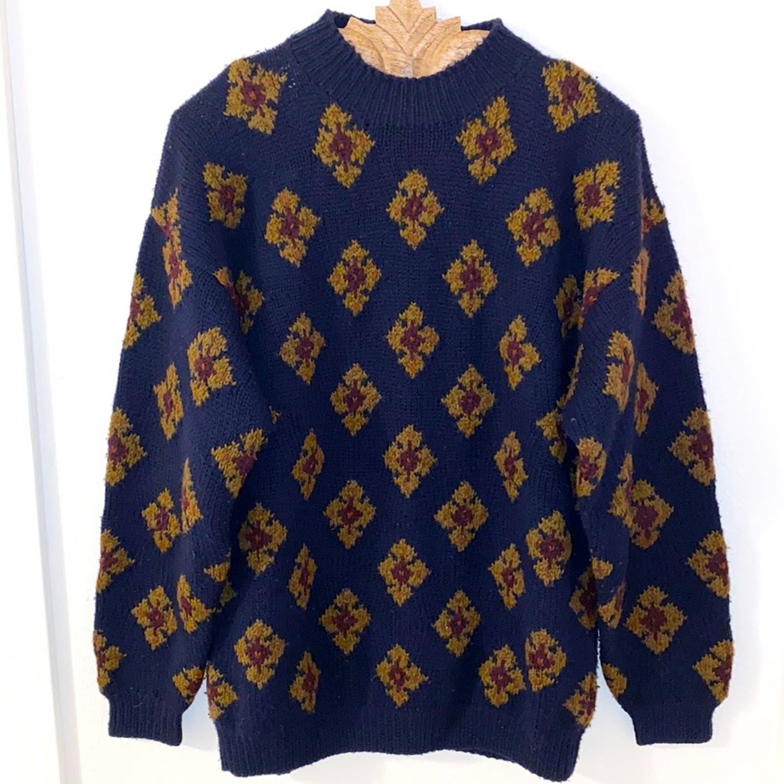 VINTAGE 90s NORDSTROM Hand Knit Merino Wool Mock Neck Sweater Size Large