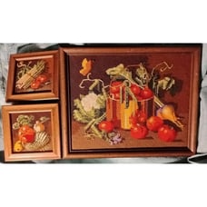 Vntg Cross-Stitch Needlepnt Crewel Veggies Kitchen 3 pc Finished Frame Brown 70s