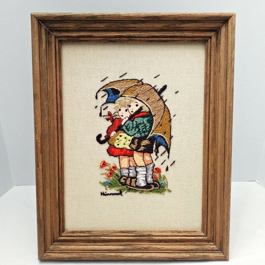 VTG Hummel Framed Crewel Embroidered Photo Stormy Weather Boy/Girl Rain Umbrella