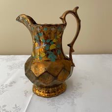 Antique Hand Painted Copper Luster Pitcher With Flowers And Bird Design