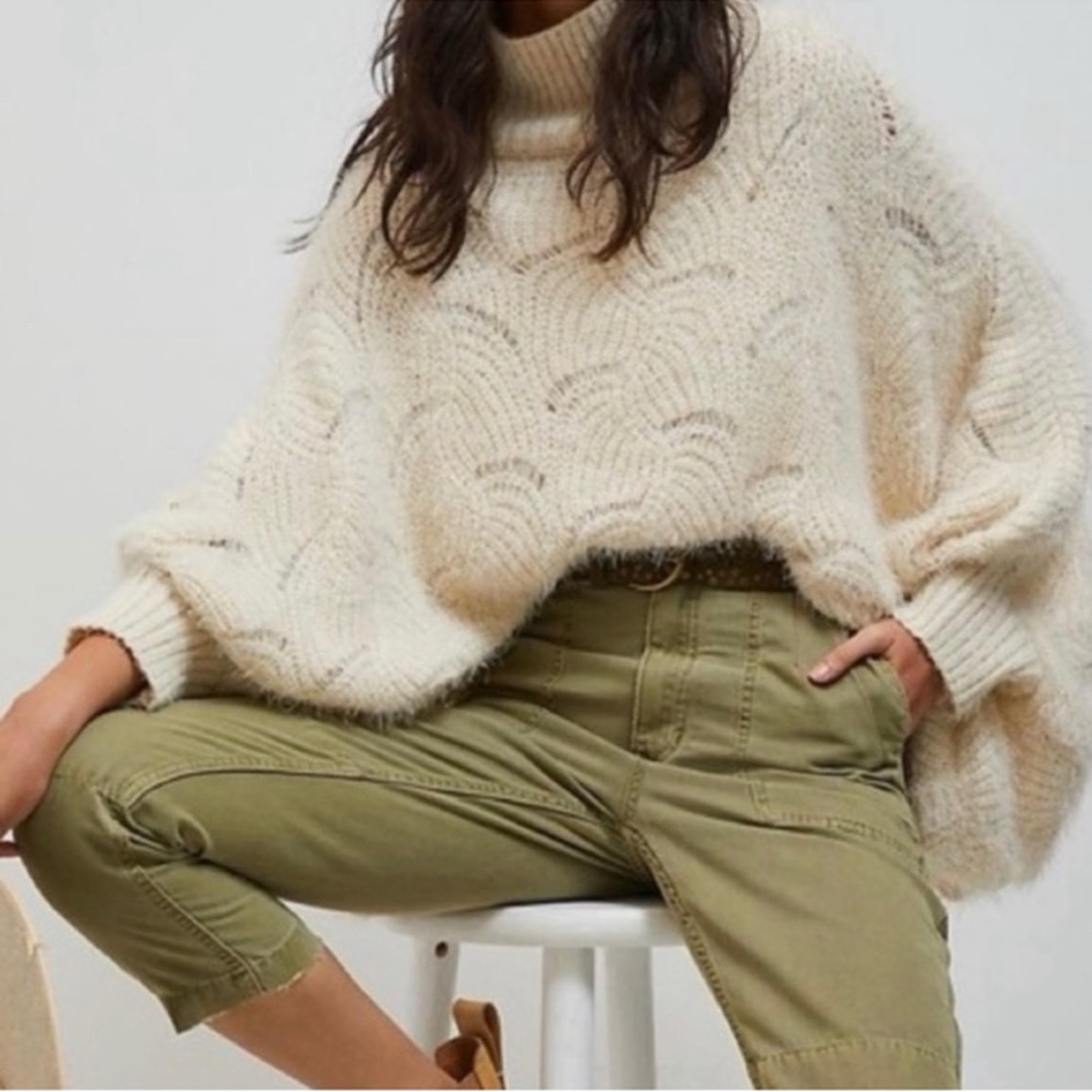 Anthropologie Rue Ivory Scalloped Hem Turtleneck Poncho Sweater