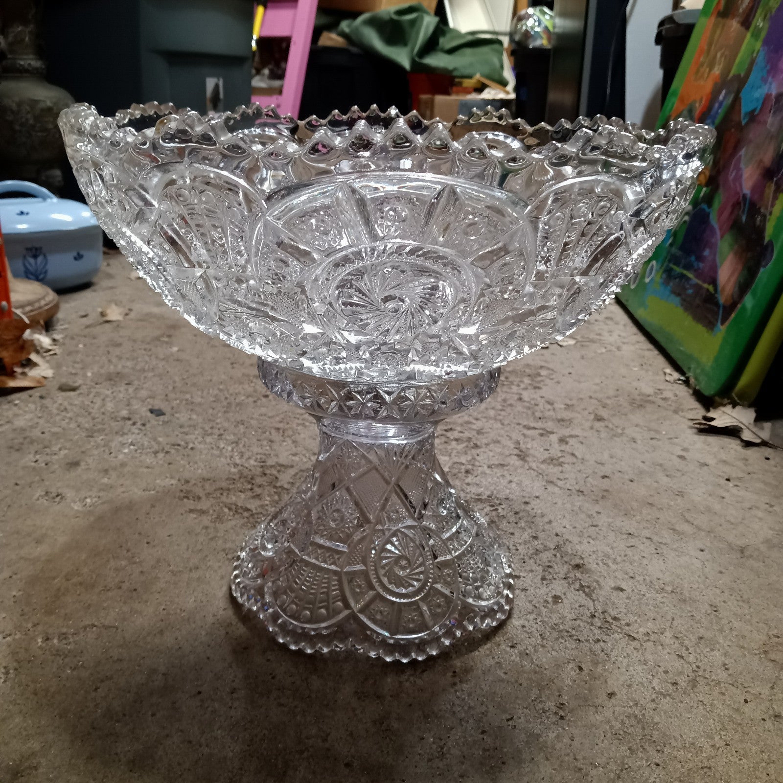 Large Vintage Imperial Glass Ohio broken arches design, punch bowl on stand