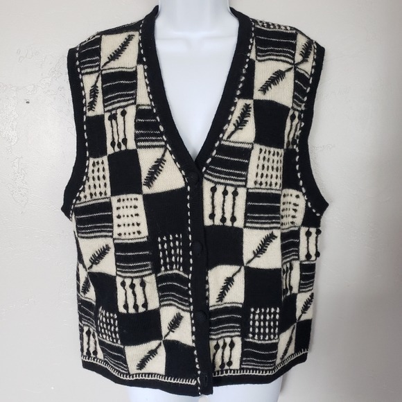 Northern Isles Vtg 100% Wool Women's Large Black Cream Vest Boho Arrow Patchwork