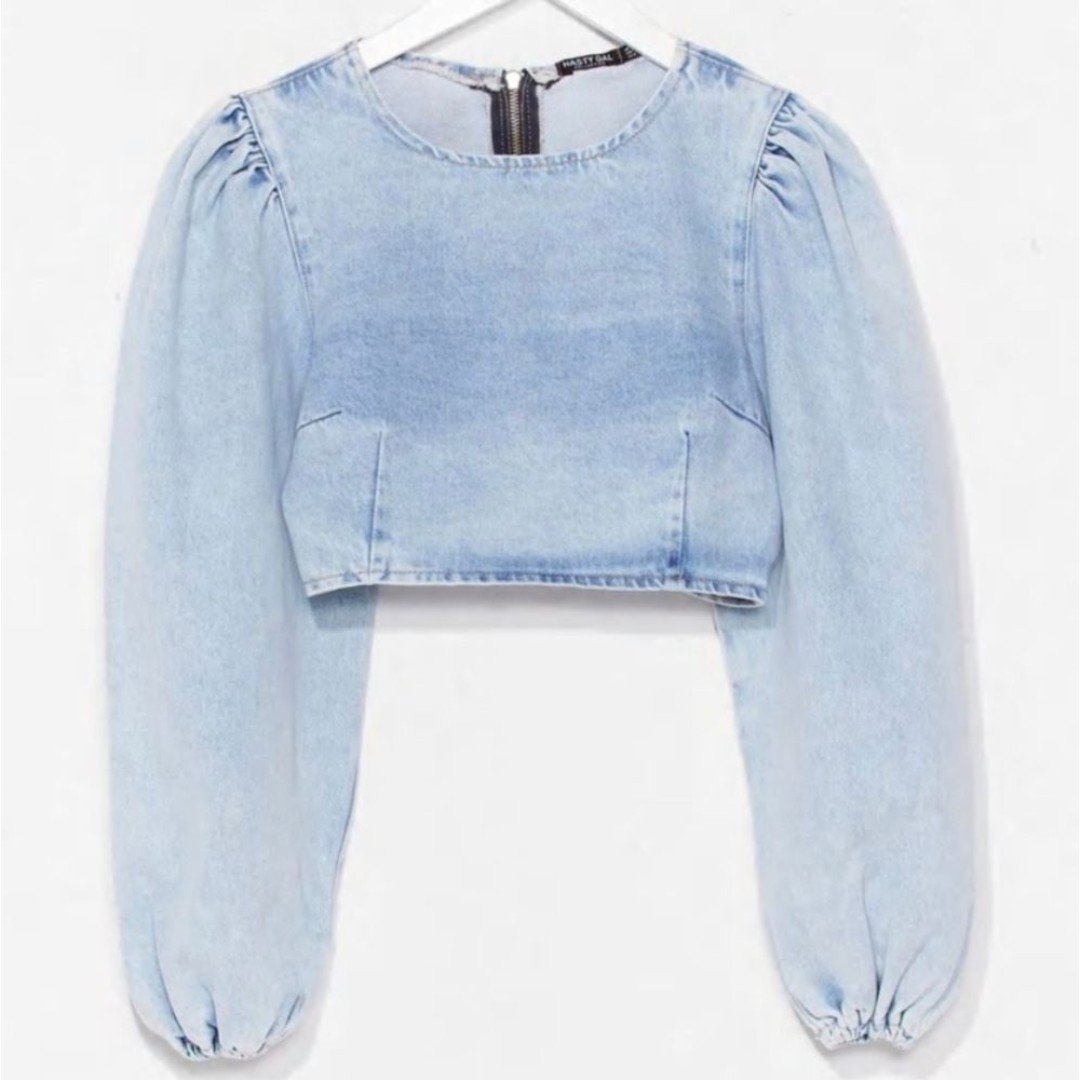 Nasty Gal Women ‘Wash Me Go’ Cropped Denim Top Size 6 Light Blue Balloon Sleeve