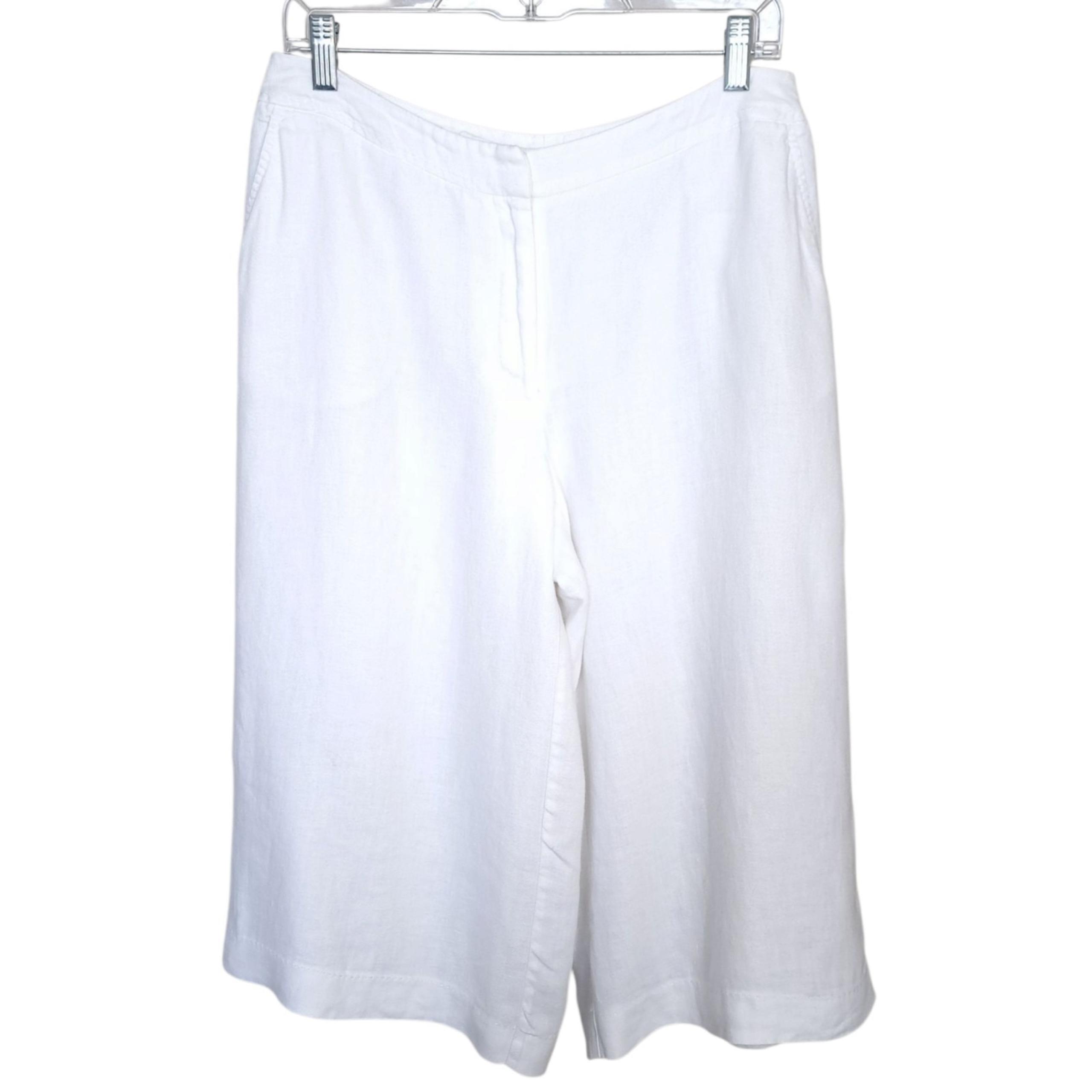 Worthington Women's Pants White 10 High Rise 100% Linen Wide Leg Cropped Zip