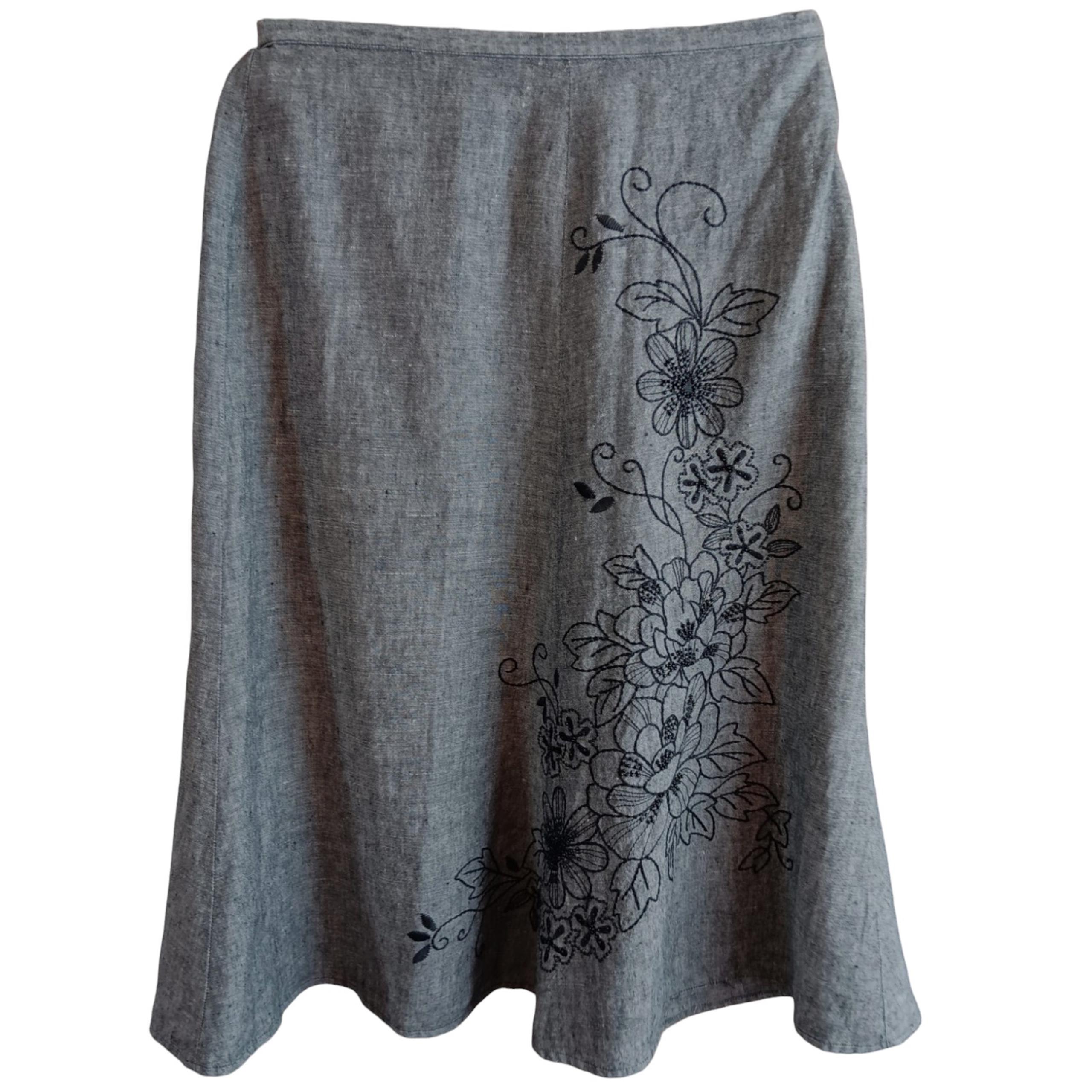 JM COLLECTION 100% Linen Midi Skirt Size 8 Petite A-Line Embroidery Beaded Gray