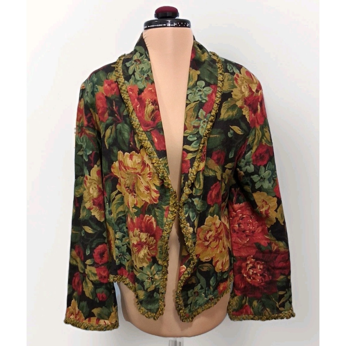 Painted Pony Womens Floral Linen Blend Tapestry Open Front Jacket Blazer Sz M