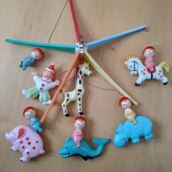 Vintage 60s Baby Mobile Crib Toy Plastic Colorful