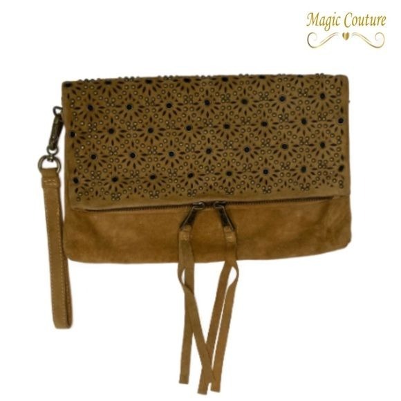 NWOT ASH Leather Embellished Tan Suede Clutch
