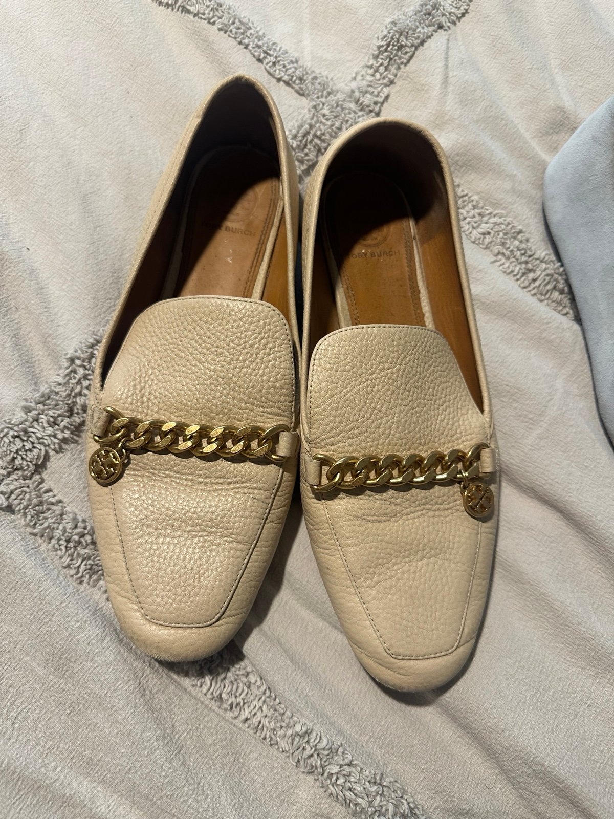 Tory Burch Cream Loafers with Gold Chain