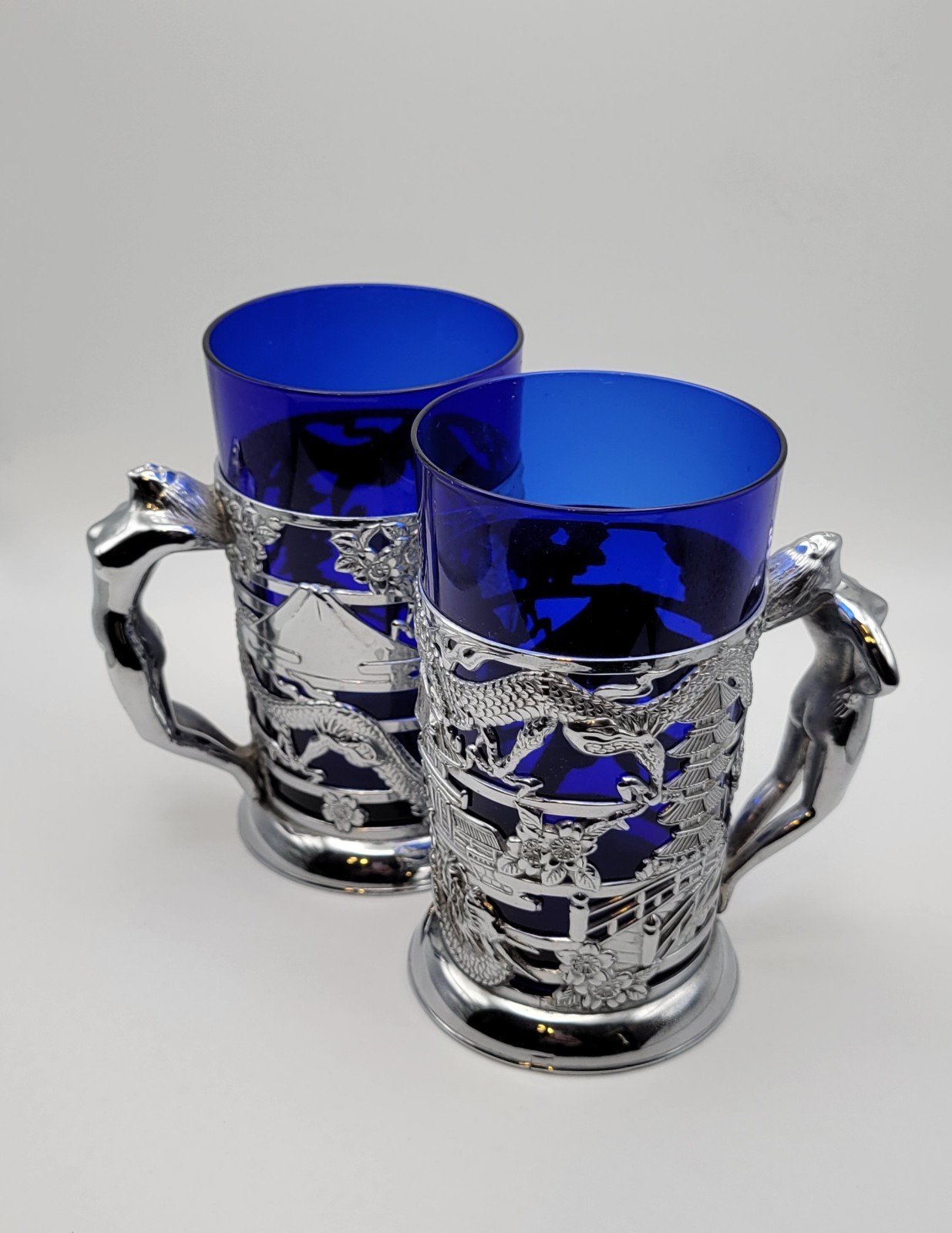 Art Deco Japanese Dragon and Pagoda style Podstakannik Tea cup mug set