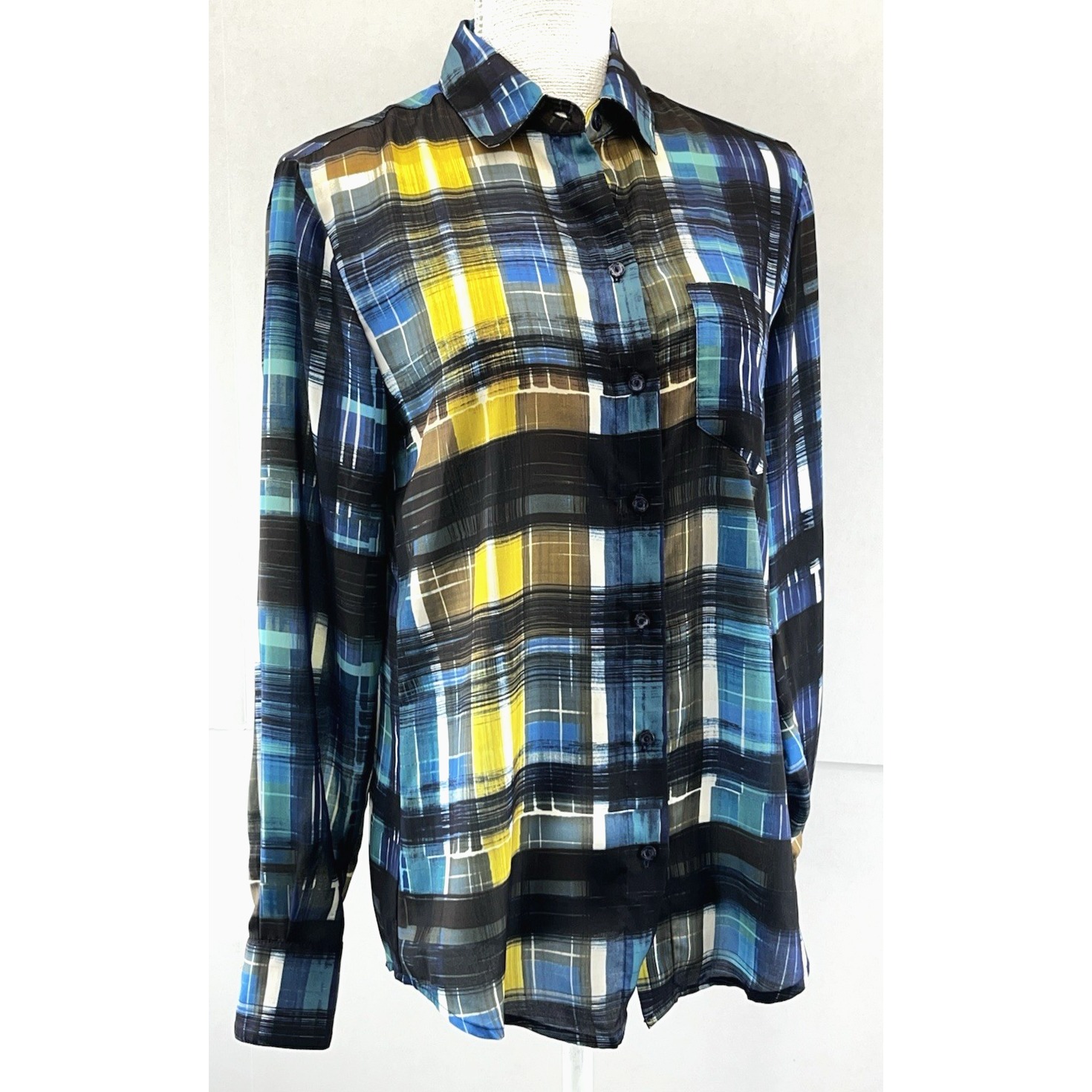 Trina Turk Womens Blouse Black striped Size Small Long Sleeve Button Down