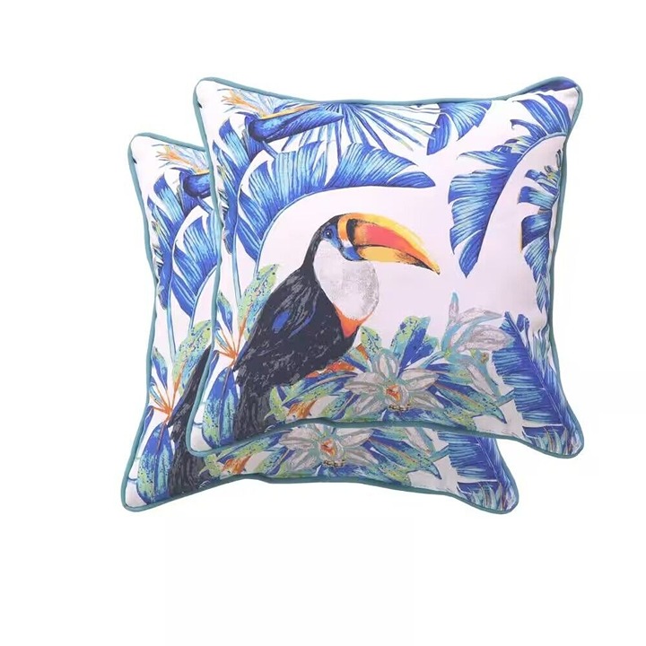 2 Pack Throw Pillows Outdoor Tropical Birds Blue Toucans Patio Pool 16 X 16