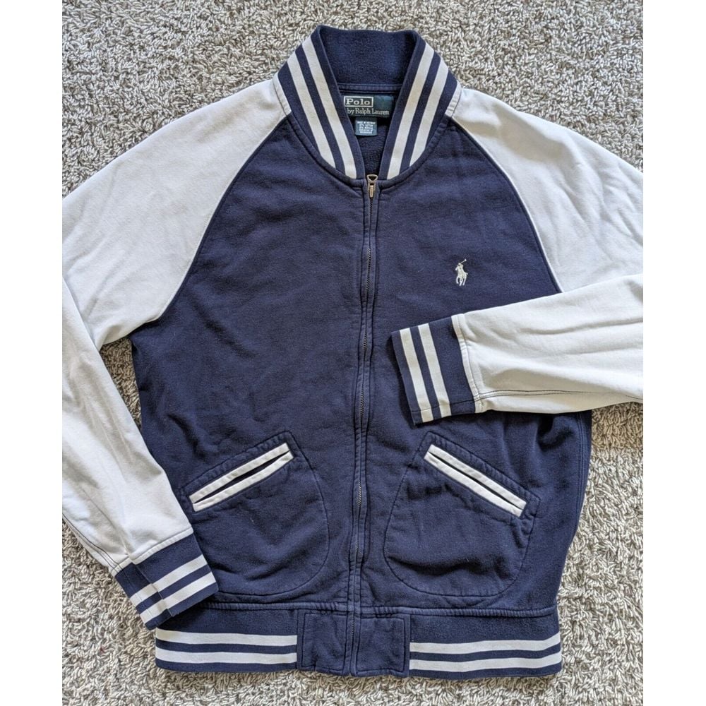 Vintage Polo Ralph Lauren Varsity Bomber Jacket Mens Medium Navy White Full Zip