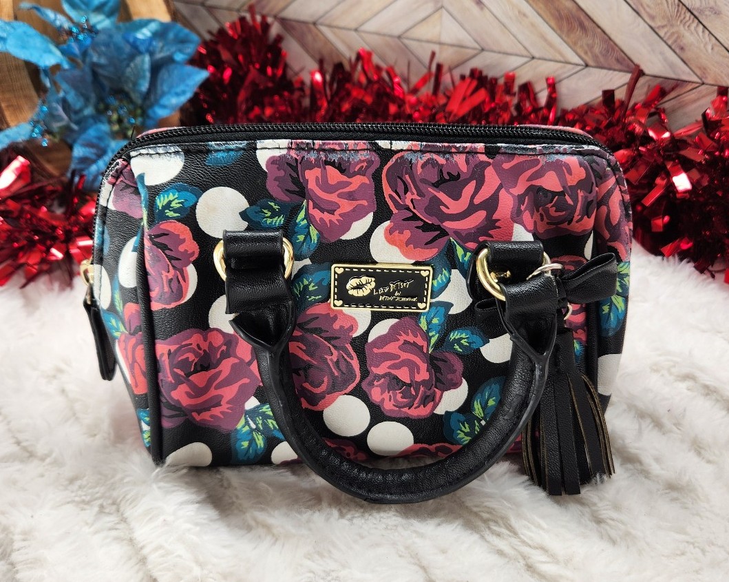 Vintage Loungefly by Betsy Johnson (Black & Pink) Floral Cosmetic Bag/Purse