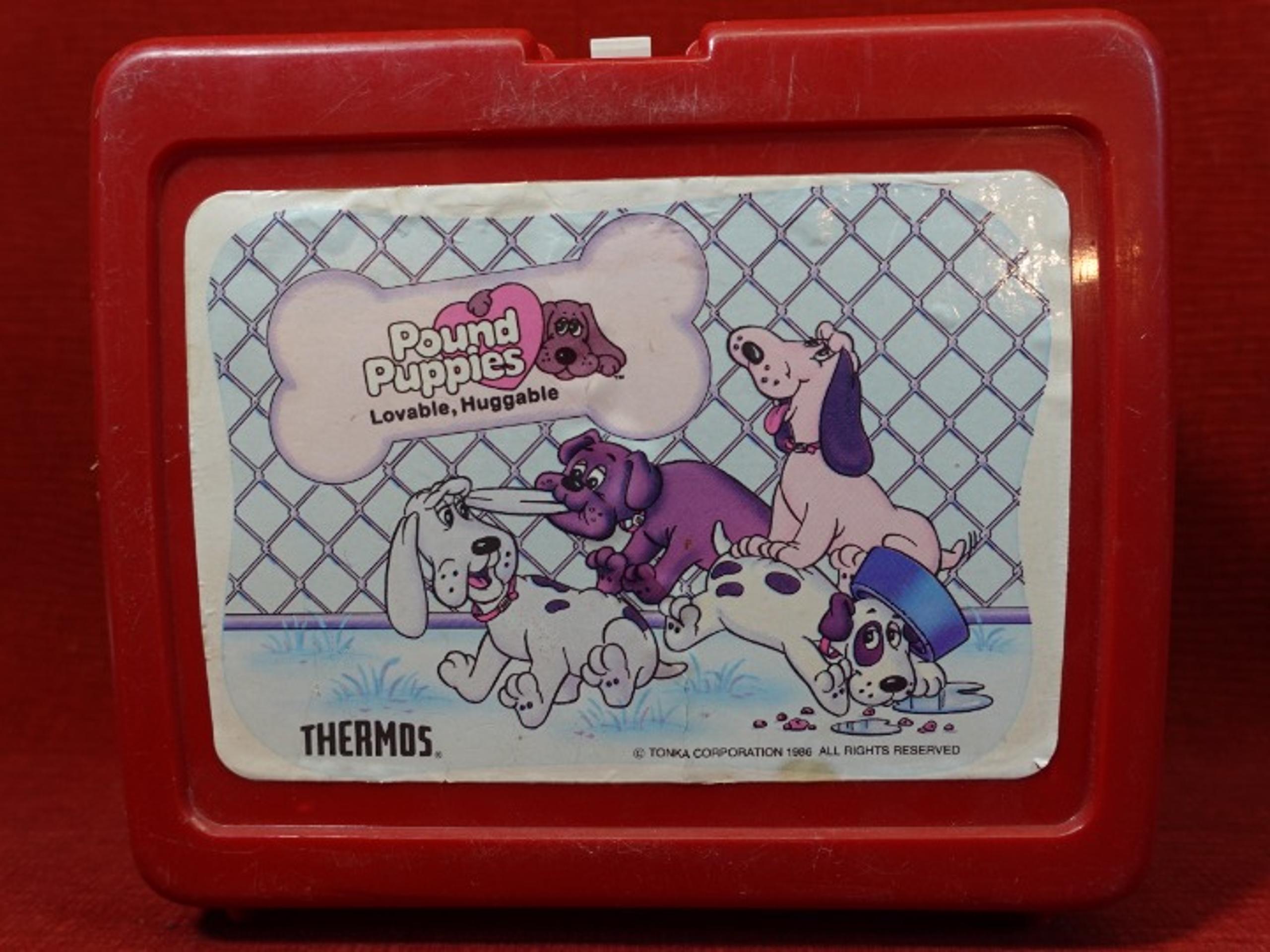 Vintage 1986 Pound Puppies Red Plastic Lunchbox by Tonka Corporation Thermos