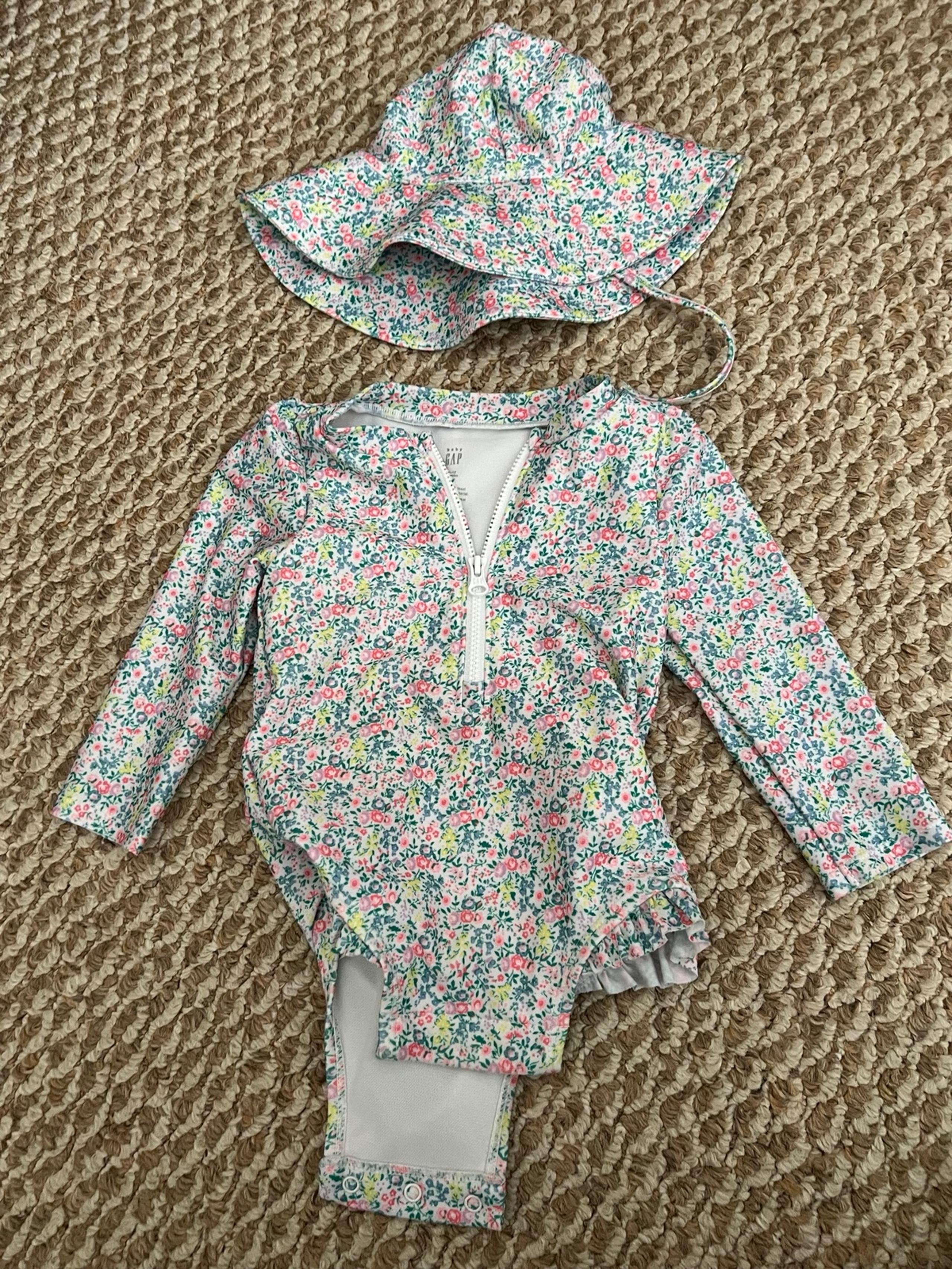 Baby girl bathing suit with matching hat and spearmint onesie