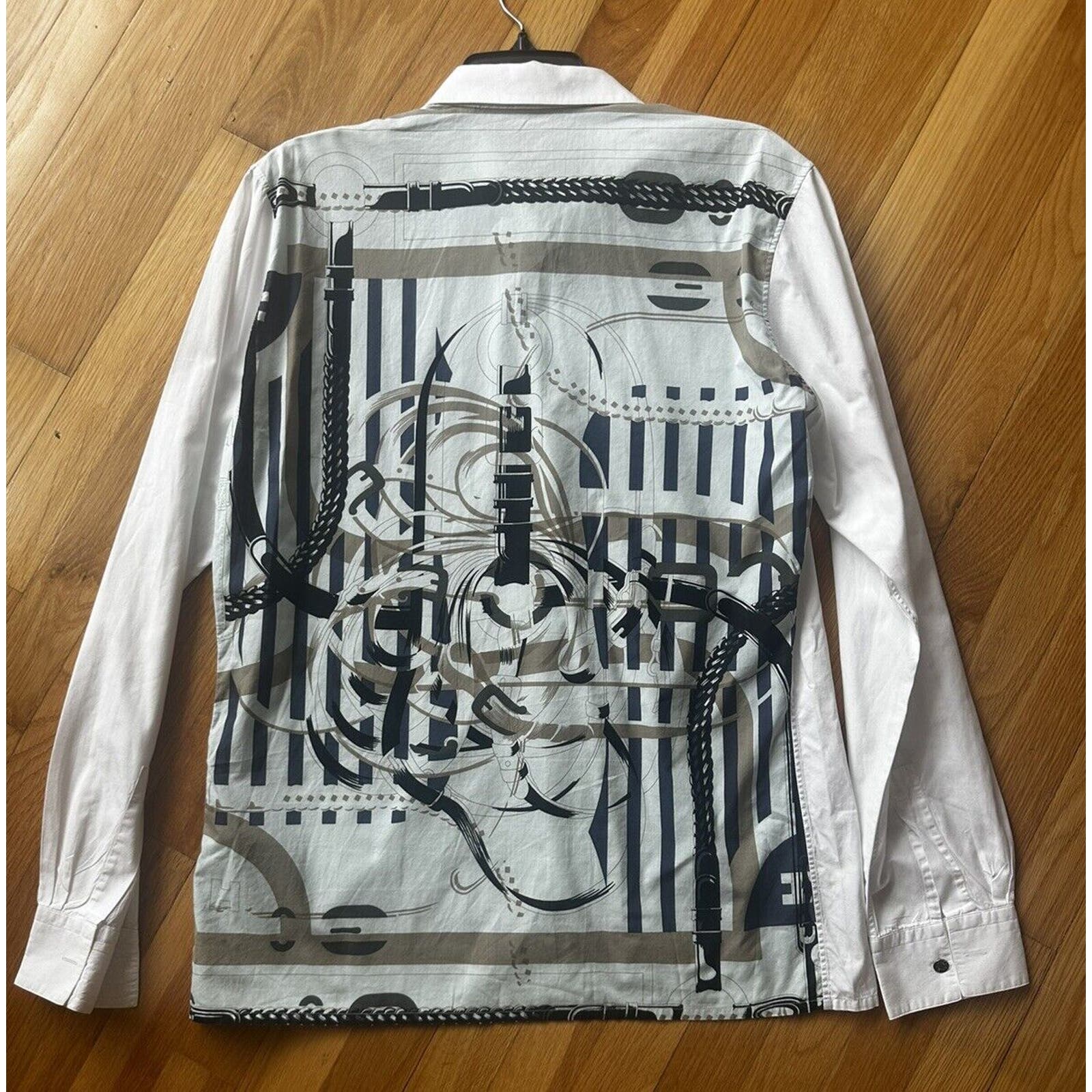 Hermes Mens Shirt Large Graphic Sz 16/41 White Made In France Button Down