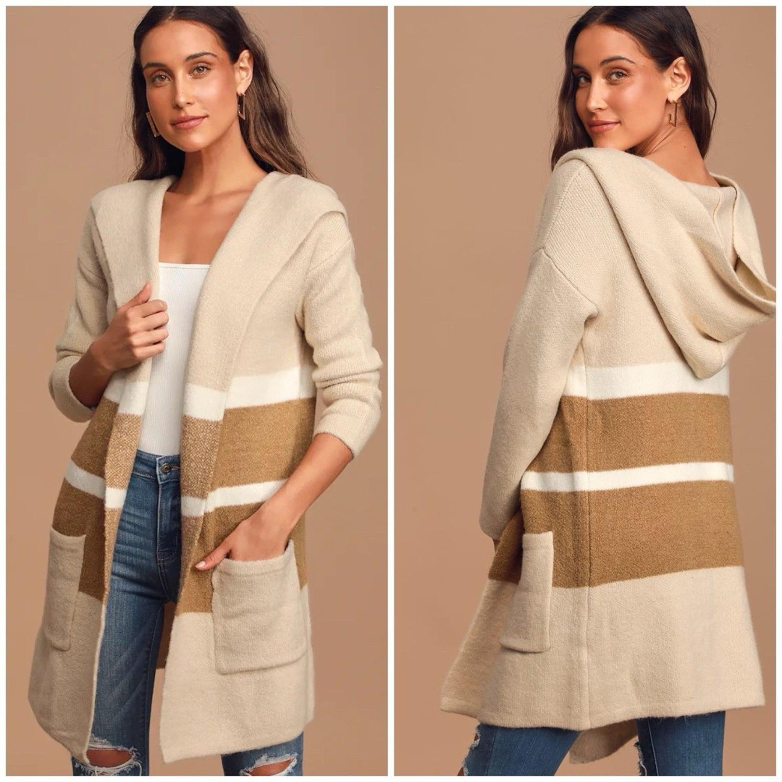 Lulus Striped Carlsbad Hooded Cardigan Sweater Women's Size S/M Beige