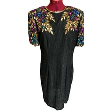 Vintage Stenay Large 100% Silk Fully Beaded Sequined Party Evening Midi Dress