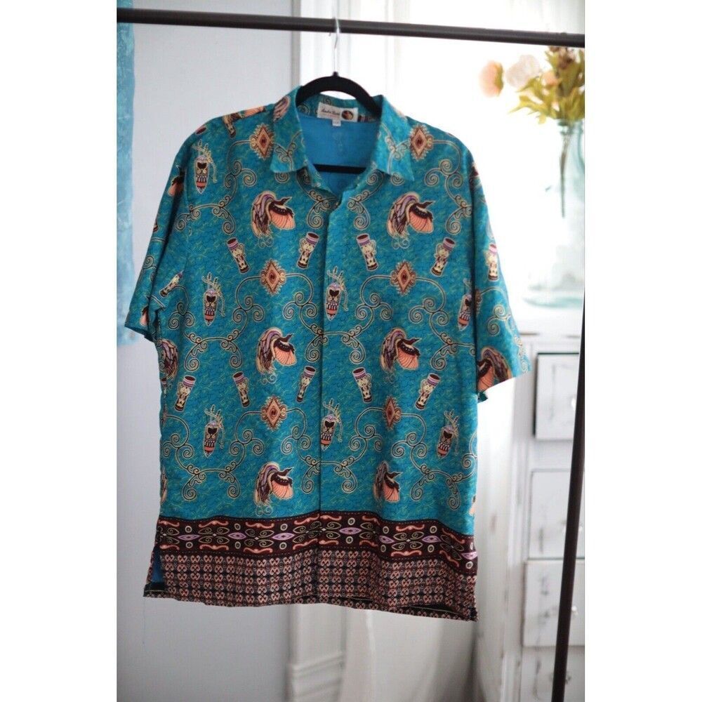 Vtg Aneka Batik Shirt Men's LLL teal Peacock Print tribal drum Button Up Papua
