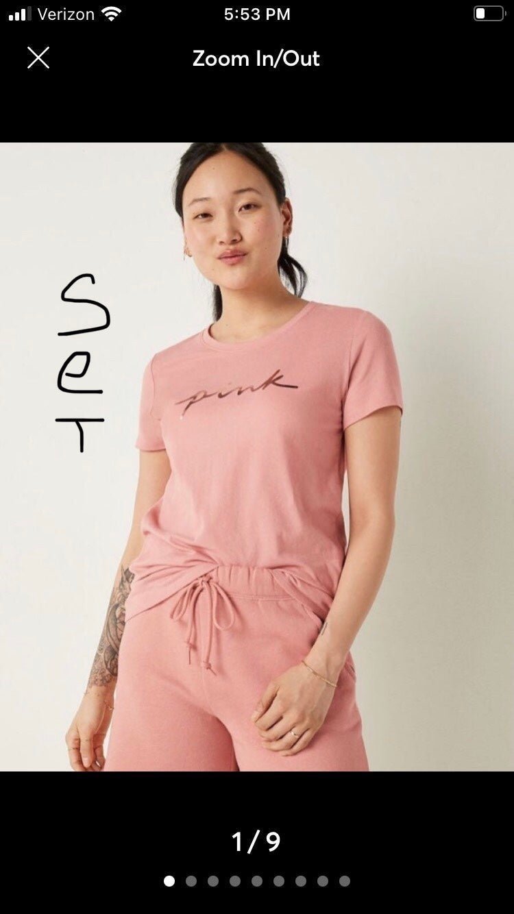 VS PINK Everyday Tee & Dad Shorts Set Rose with Shine Script Logo Sz XXL
