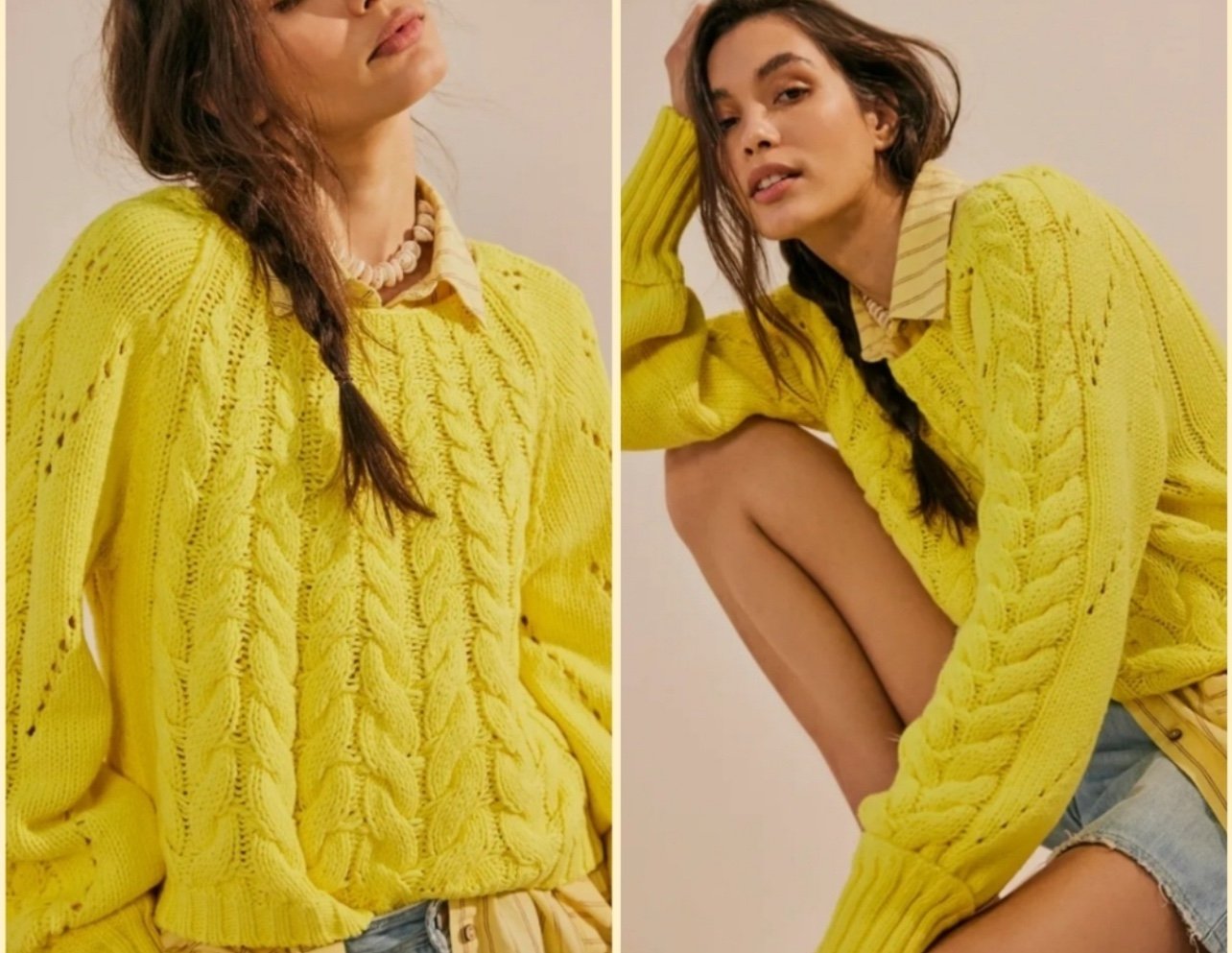 Free People Sandre Yellow in Love Cableknit Sweater Small NWT
