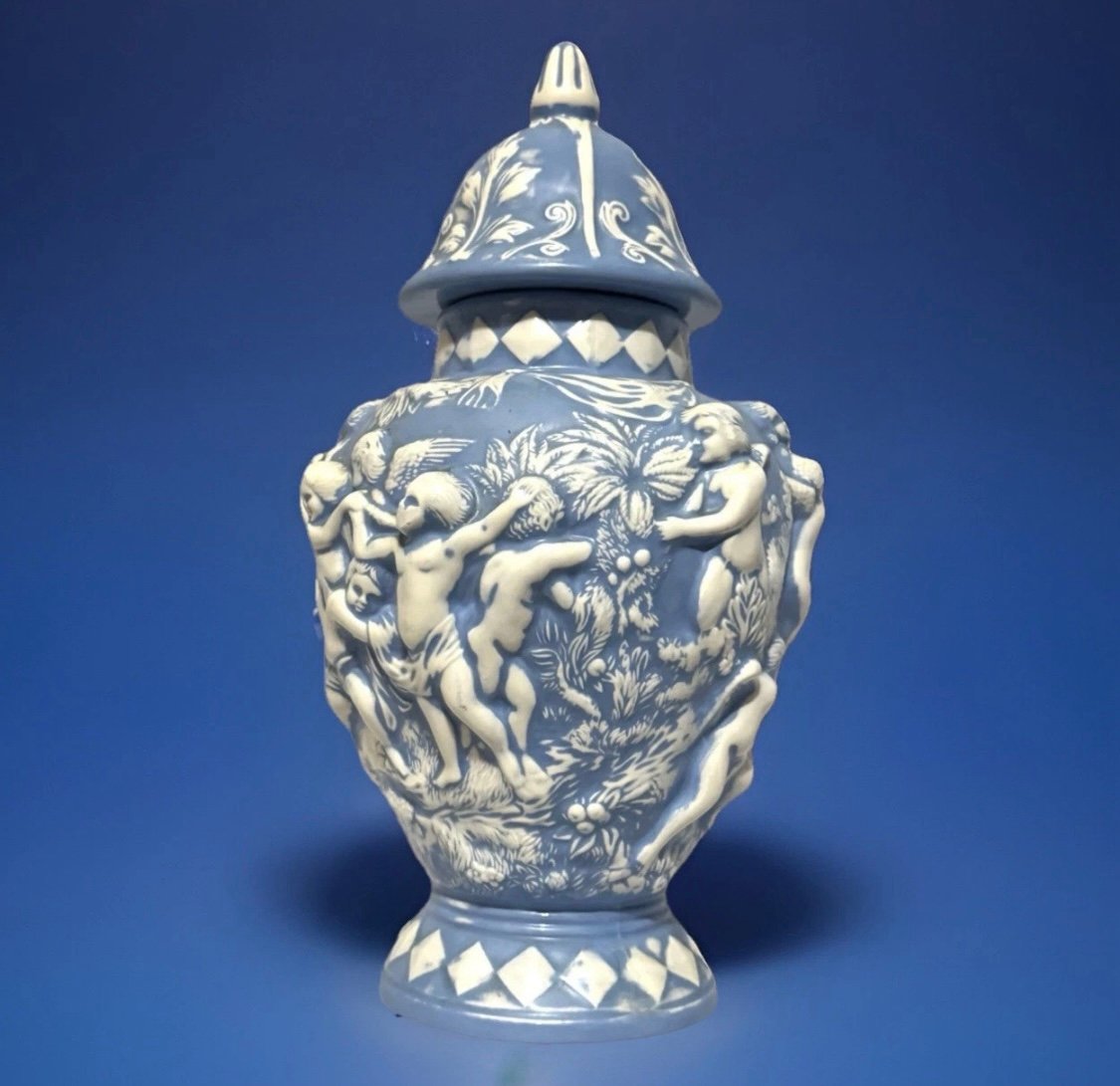 Beautiful/Vintage/ Handmade Urn / Jar With Lid /Blue & White/ Cherubs Angels/14